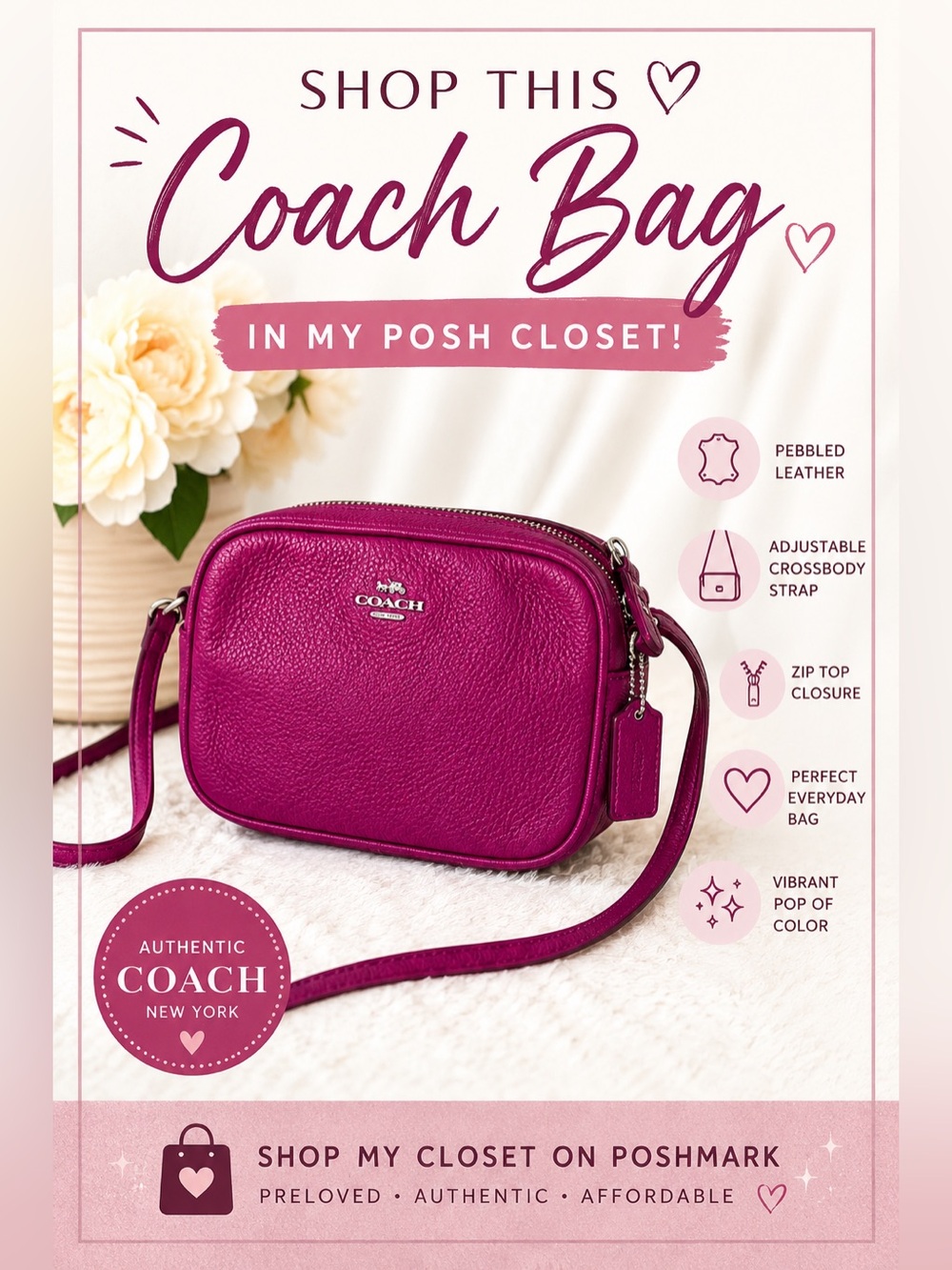 Coach Fuchsia Pebbled Leather Crossbody Camera Bag Purse - Picture 2 of 6